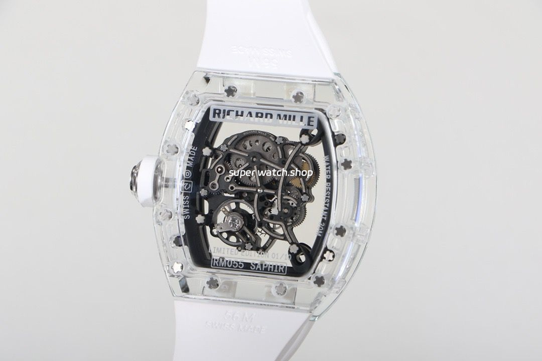 RM Factory Richard Mille RM 055 43mm Transparent Crystal White Rubber Strap Skeletonized White Dial - Image 7