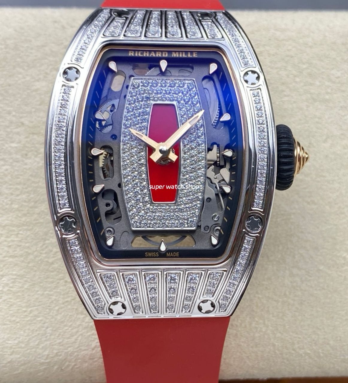 ZF Factory Richard Mille RM07 31.4mm Diamond White Gold Red Rubber Strap Skeletonized Black Dial