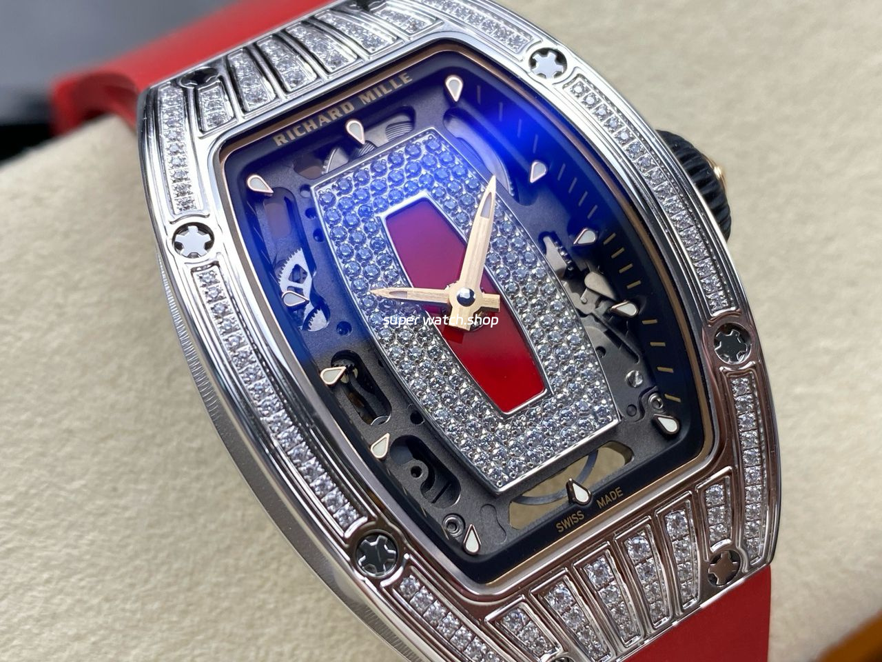 ZF Factory Richard Mille RM07 31.4mm Diamond White Gold Red Rubber Strap Skeletonized Black Dial - Image 2
