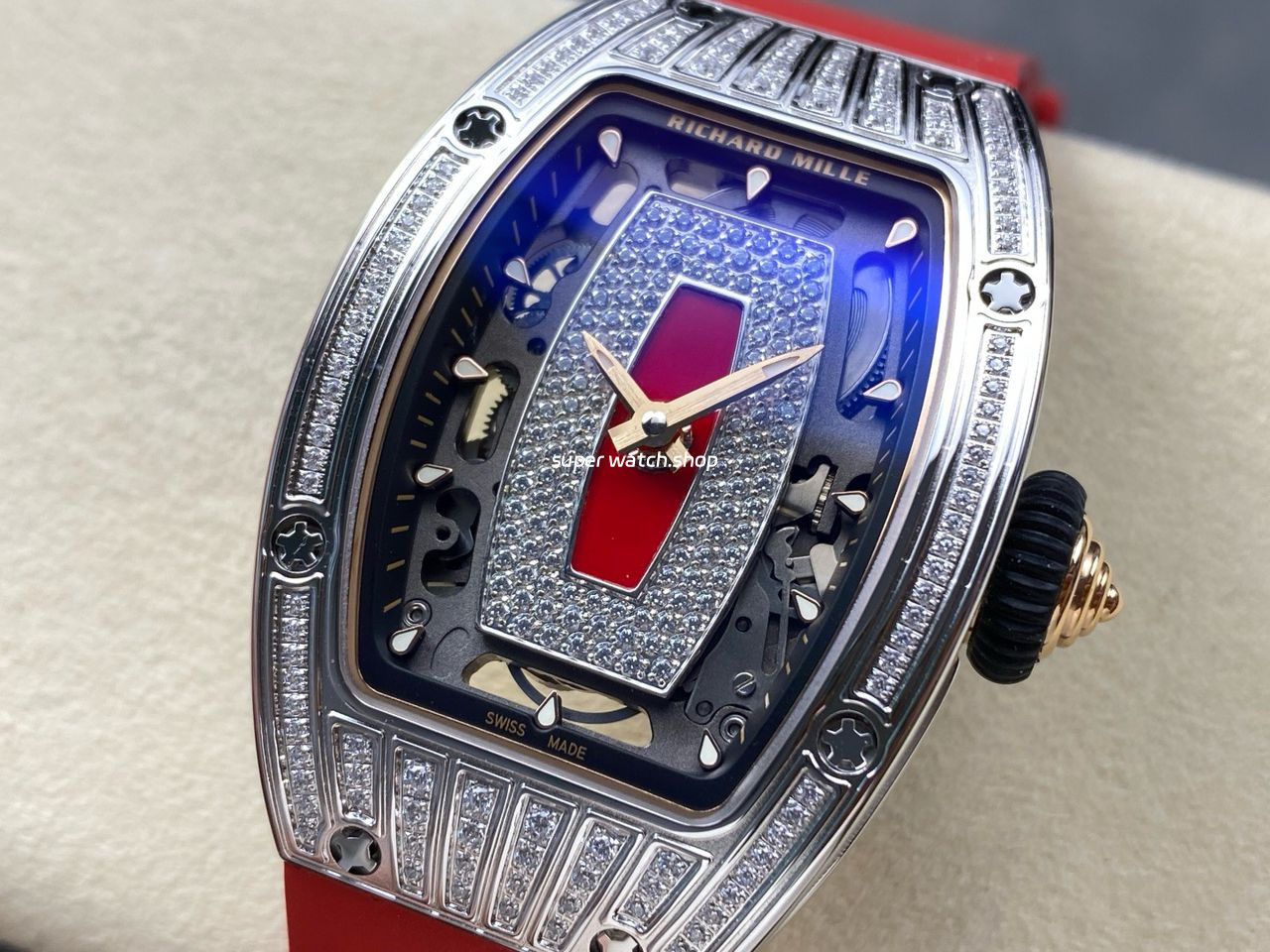 ZF Factory Richard Mille RM07 31.4mm Diamond White Gold Red Rubber Strap Skeletonized Black Dial - Image 3