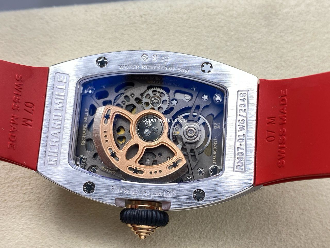 ZF Factory Richard Mille RM07 31.4mm Diamond White Gold Red Rubber Strap Skeletonized Black Dial - Image 7