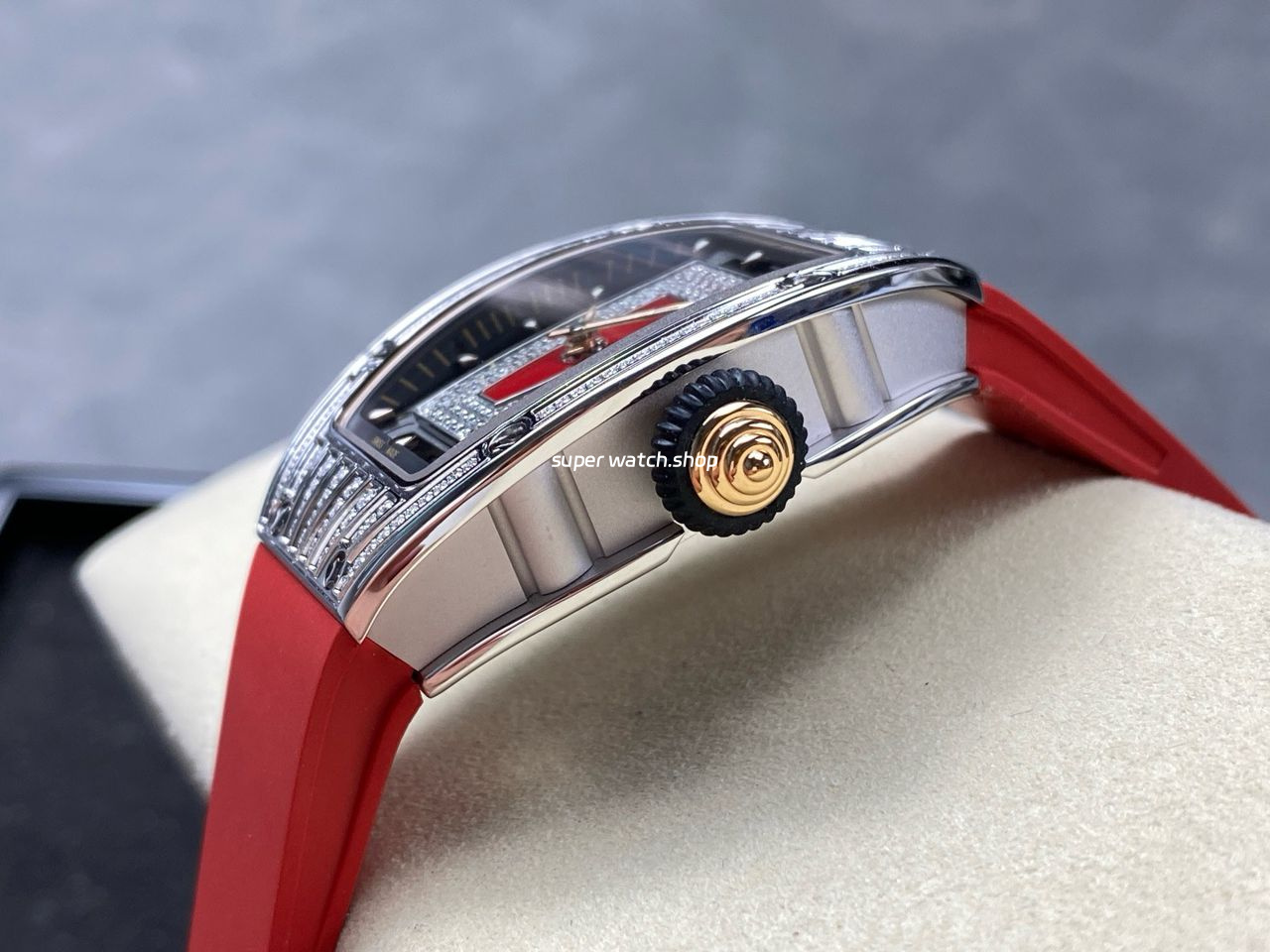 ZF Factory Richard Mille RM07 31.4mm Diamond White Gold Red Rubber Strap Skeletonized Black Dial - Image 6