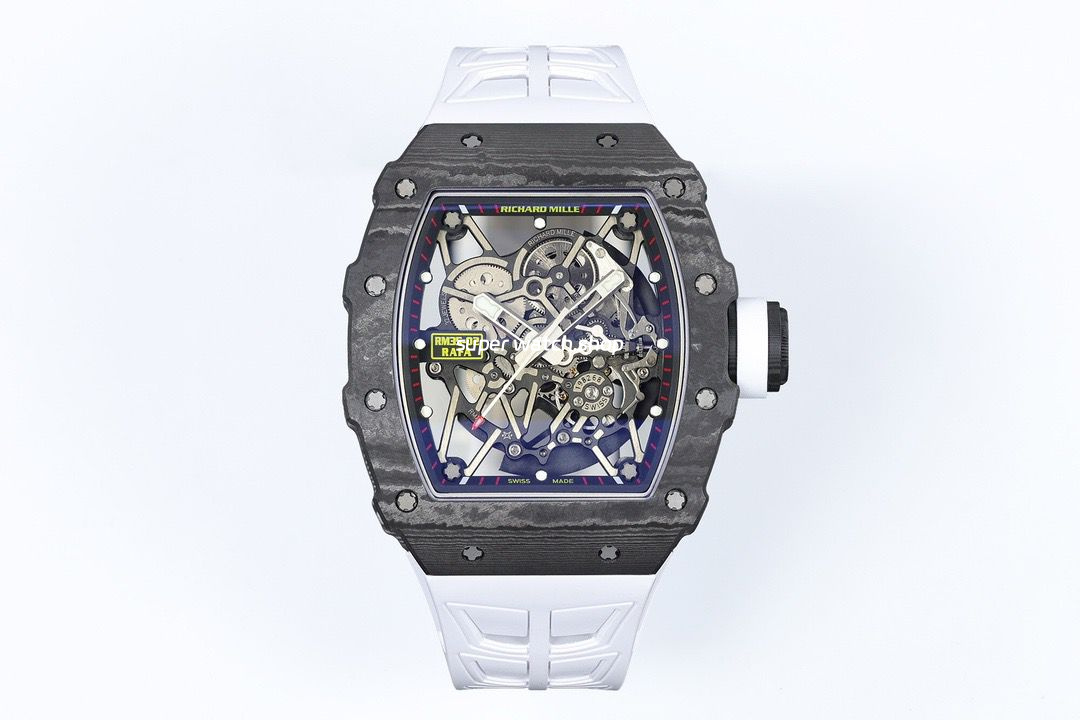 ZF Factory Richard Mille RM35-02 Black Carbon Fiber White Rubber Strap Black Skeletonized Dial