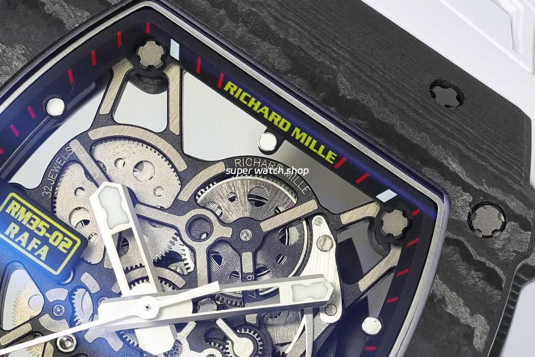 ZF Factory Richard Mille RM35-02 Black Carbon Fiber White Rubber Strap Black Skeletonized Dial - Image 4