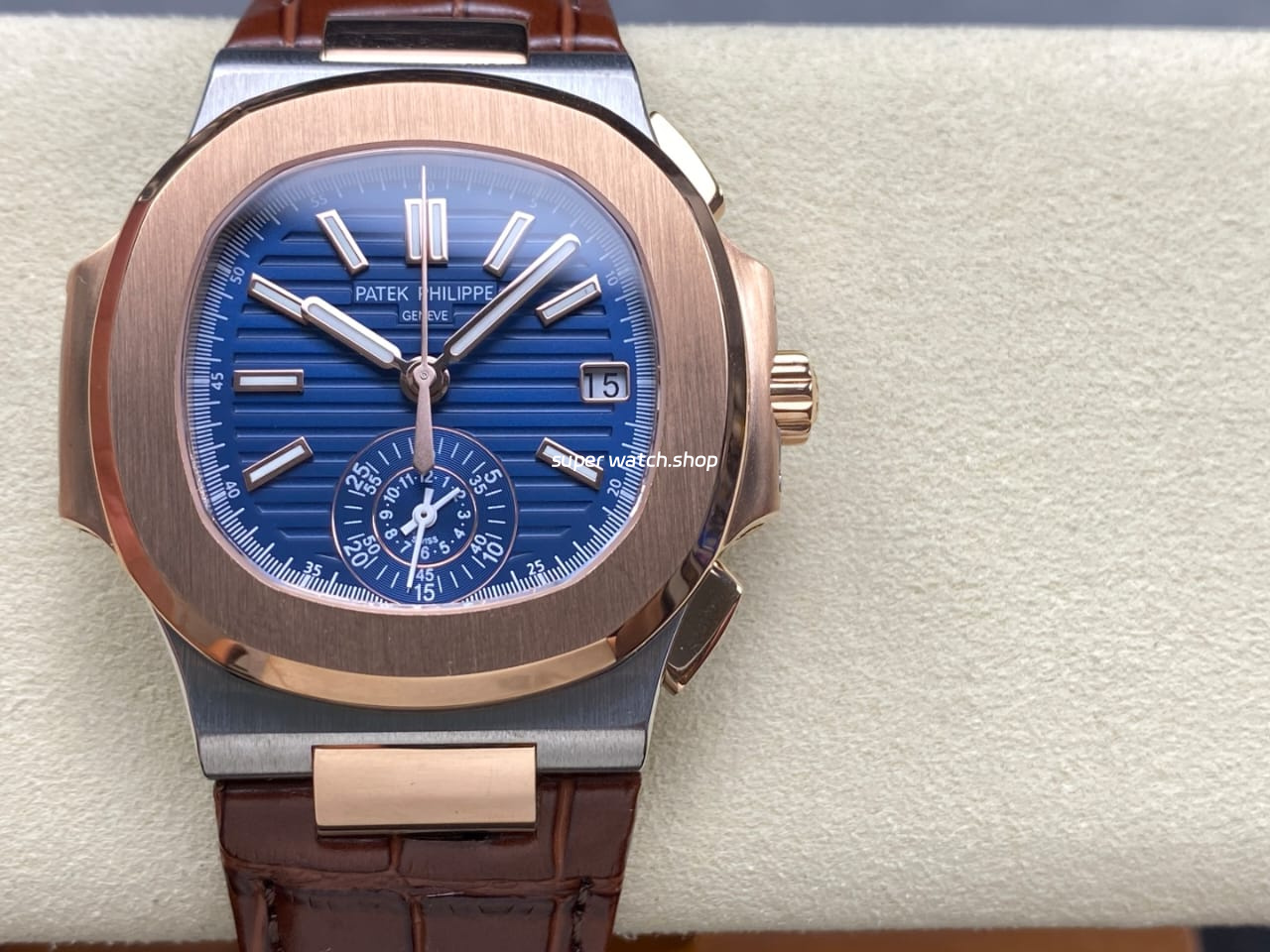 3K Factory Patek Philippe Nautilus 59801AR-0001 Leather Strap Half Rose Gold Blue Dial