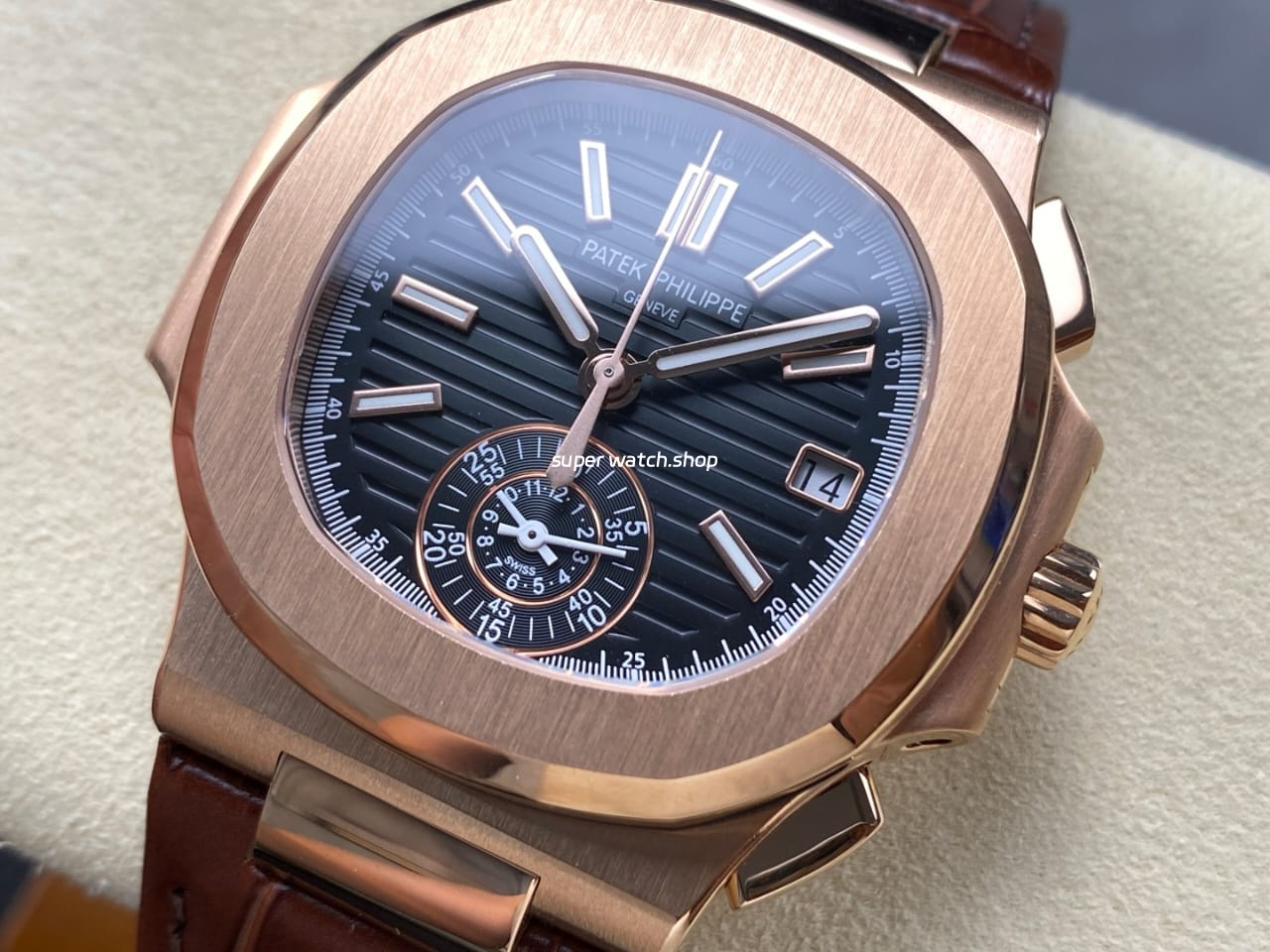 3K Factory Patek Philippe Nautilus 5980 1R-001 Leather Strap Rose Gold Black Dial - Image 3