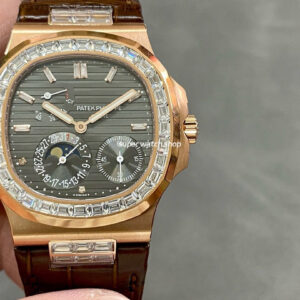 GR Factory Patek Philippe Nautilus 5712G 40mm Diamond Bezel Rose Gold Leather Strap Grey Dial