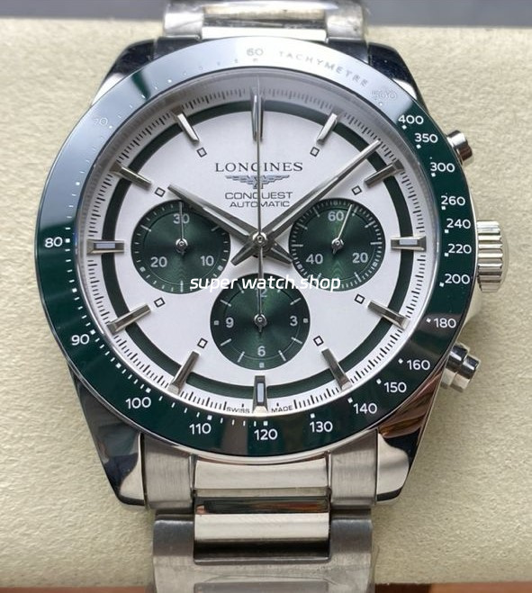 AF Factory Longines Conquest Chronograph L3.835.4.02.6 42mm Full Steel Strap Green Eyes White Dial