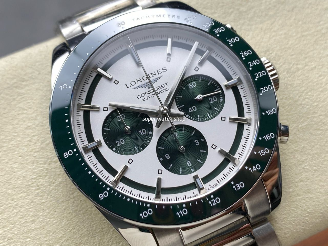 AF Factory Longines Conquest Chronograph L3.835.4.02.6 42mm Full Steel Strap Green Eyes White Dial - Image 2