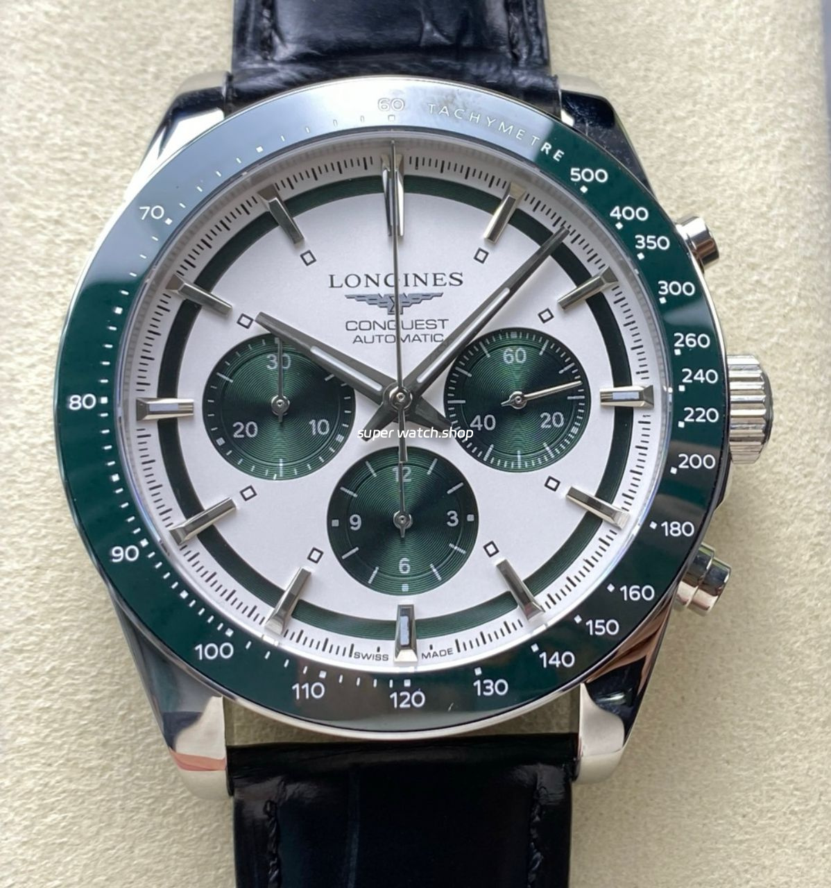 AF Factory Longines Conquest Chronograph L3.835.4.02.6 42mm Steel Leather Strap Green Eyes White Dial