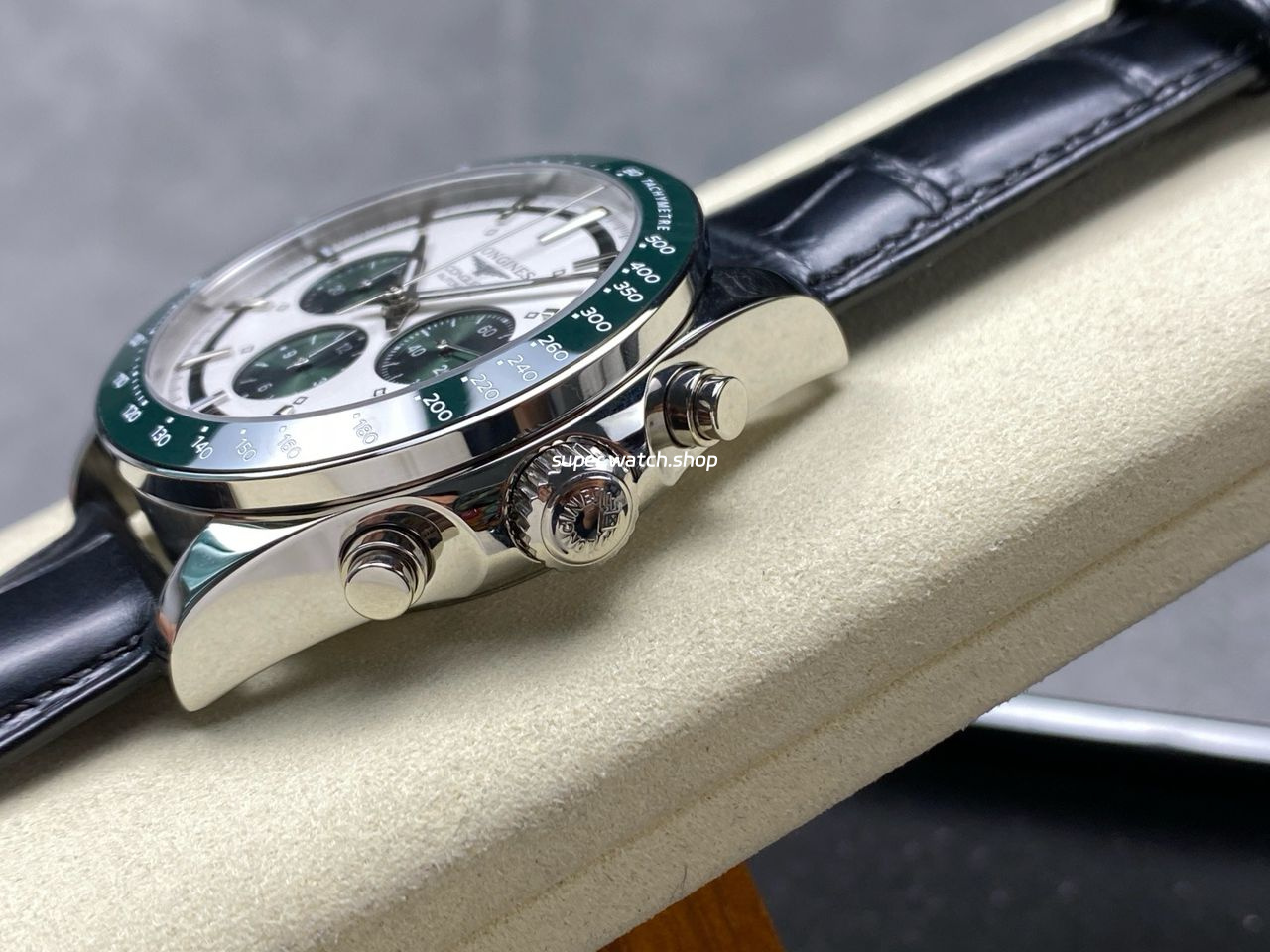 AF Factory Longines Conquest Chronograph L3.835.4.02.6 42mm Steel Leather Strap Green Eyes White Dial - Image 5