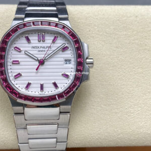 GR Factory Patek Philippe Emerald Nautilus 5711/112P-010 35.2mm Full Platinum Ruby Bezel White Dial