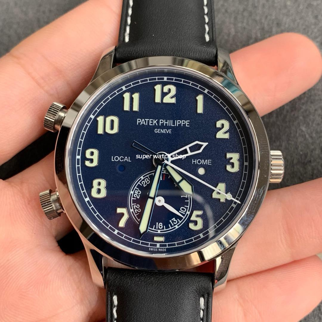 GR Factory Patek Philippe Travel Time 5524G-001 42mm White Gold Leather Strap Arabic Numerals Blue Dial
