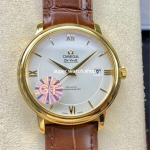 GT Factory Omega De Ville Prestige 424.53.40.20.02.002 39.5mm Gold Leather Strap Gold Roman Number Silver Dial