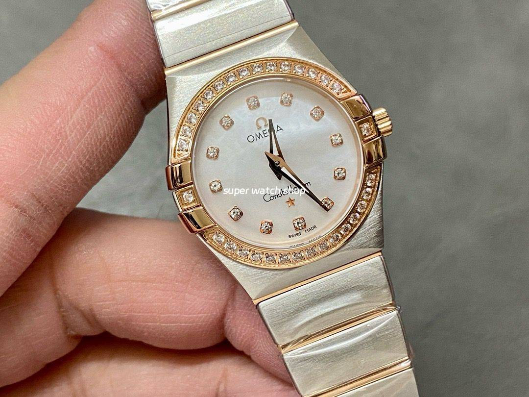 TW Factory Omega Constellation Quartz 123.25.27.60.55.007 27mm Diamond Rose Gold Bezel Half Rose Gold Steel Mother Of Pearl Diamond Dial - Image 2