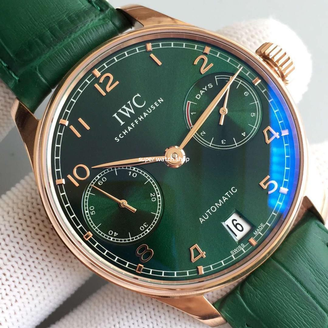 YL Factory IWC Portuguese IW500713 42.3mm Rose Gold Leather Strap Rose Gold Arabic Number Dark Green Dial - Image 4