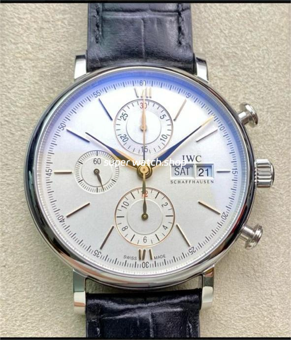 ZF Factory IWC Portofino Chronograph IW391031 42mm Steel Leather Strap Silver Dial