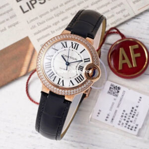 AF Factory Cartier Ballon Bleu WJBB0033 33mm Diamond Bezel Rose Gold Leather Strap Roman Numerals Silver Dial