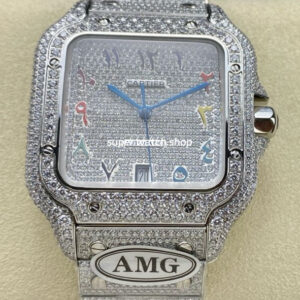 AMG Factory Cartier Full Diamond Santos 40mm Diamond Steel Color Arabic Number Diamond Dial
