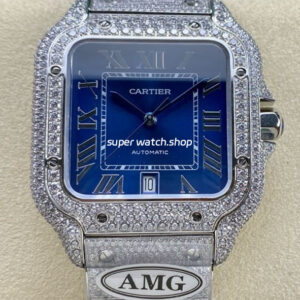 AMG Factory Cartier Full Diamond Santos 40mm Diamond Steel Roman Number Blue Dial