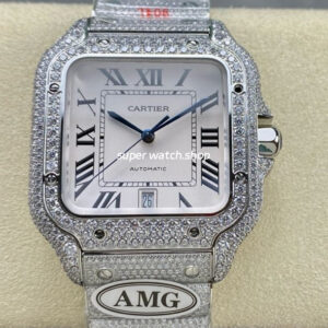 AMG Factory Cartier Full Diamond Santos 40mm Diamond Steel Roman Number White Dial