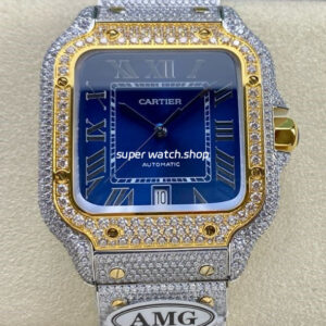 AMG Factory Cartier Full Diamond Santos 40mm Gold Diamond Steel Roman Number Blue Dial