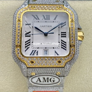 AMG Factory Cartier Full Diamond Santos 40mm Gold Diamond Steel Roman Number White Dial