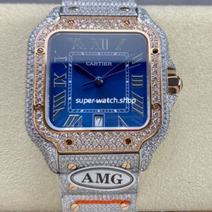 AMG Factory Cartier Full Diamond Santos 40mm Rose Gold Diamond Steel Roman Number Blue Dial