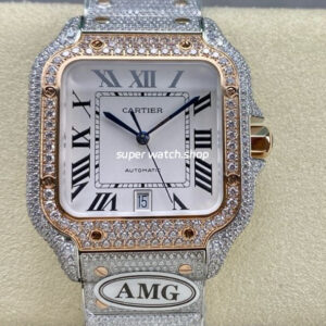 AMG Factory Cartier Full Diamond Santos 40mm Rose Gold Diamond Steel Roman Number White Dial