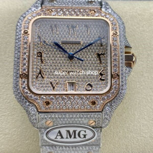 AMG Factory Cartier Full Diamond Santos 40mm Rose Gold Diamond Steel Rose Gold Arabic Number Diamond Dial