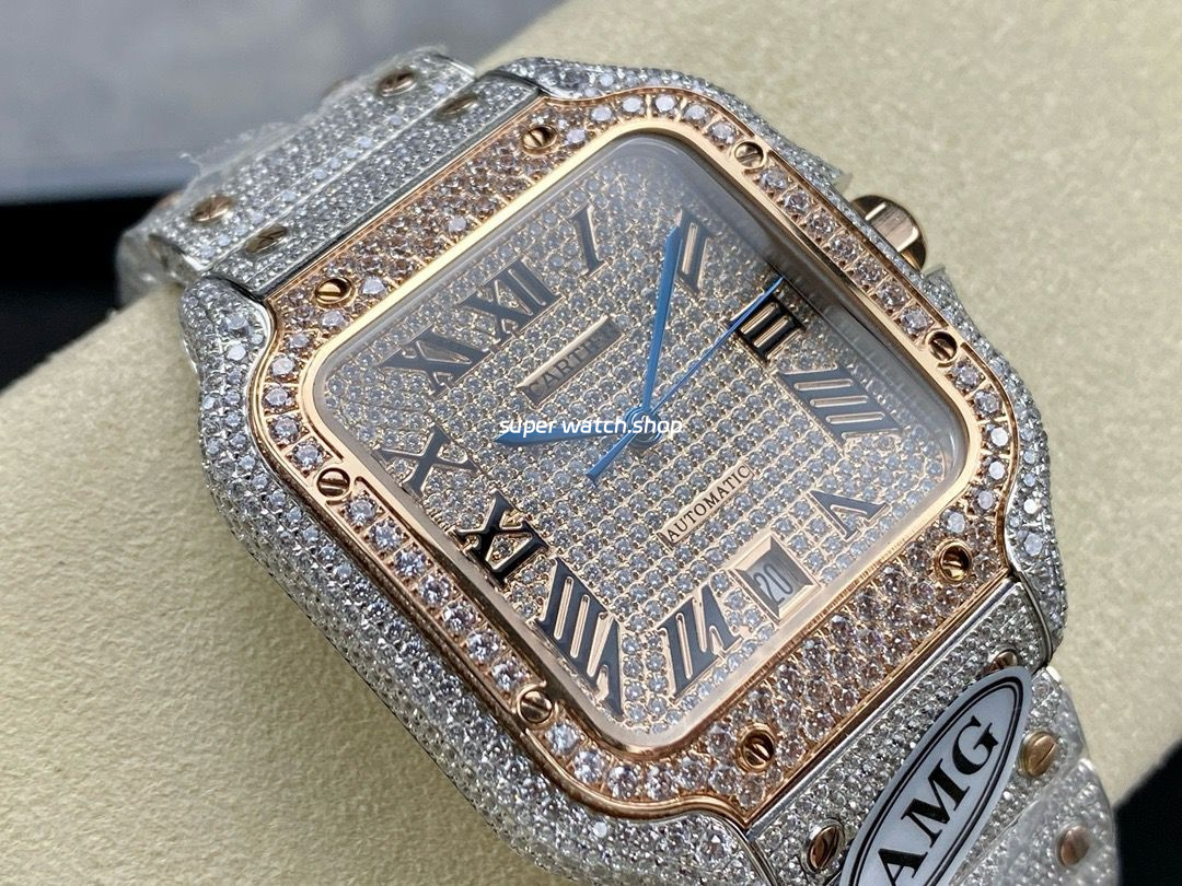 AMG Factory Cartier Full Diamond Santos 40mm Rose Gold Diamond Steel Rose Gold Roman Number Diamond Dial - Image 2