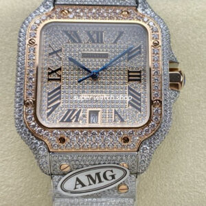 AMG Factory Cartier Full Diamond Santos 40mm Rose Gold Diamond Steel Rose Gold Roman Number Diamond Dial