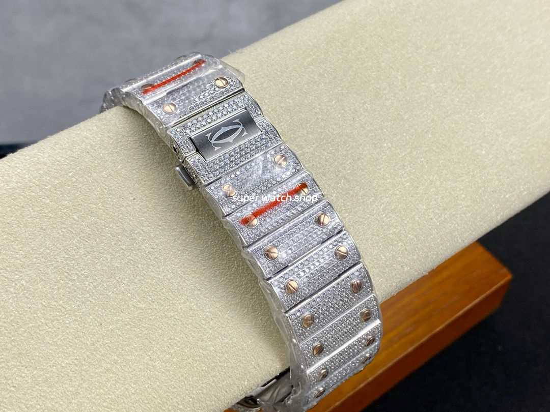 AMG Factory Cartier Full Diamond Santos 40mm Rose Gold Diamond Steel Rose Gold Roman Number Diamond Dial - Image 9