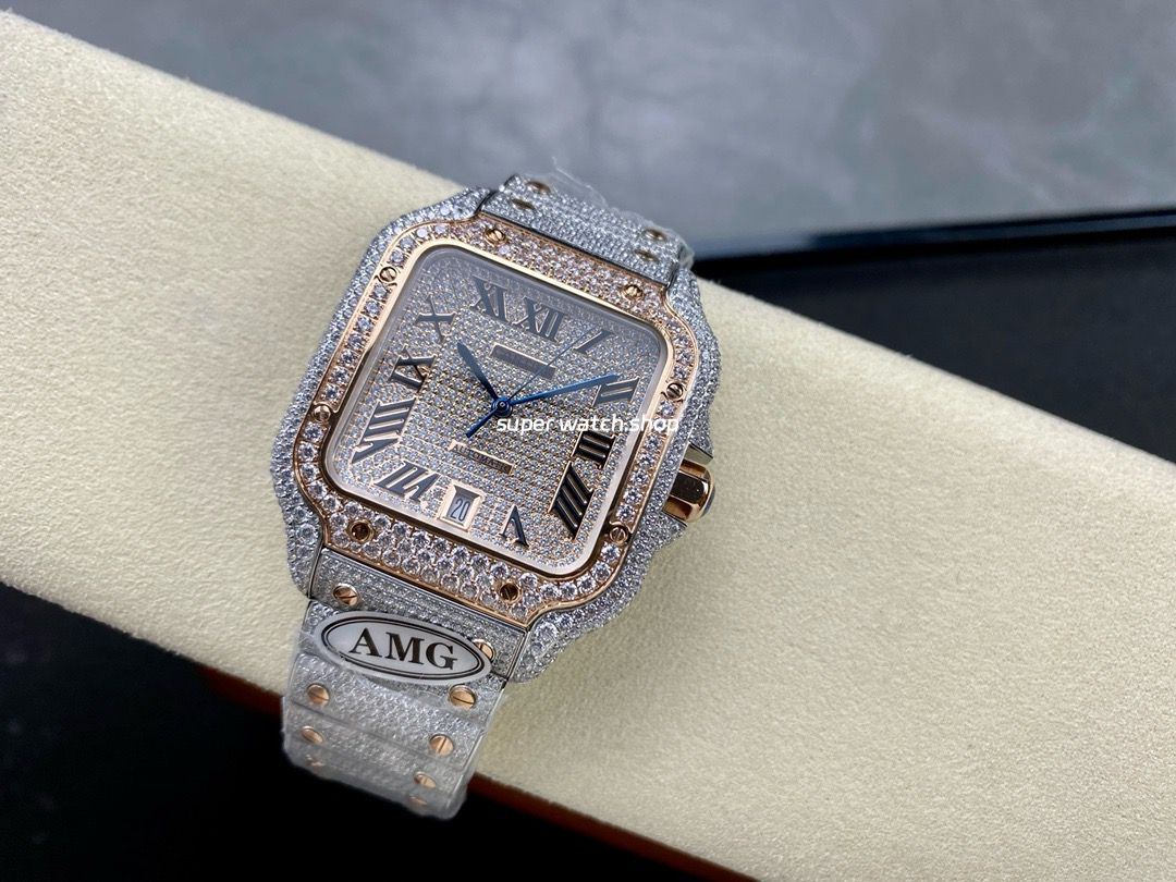 AMG Factory Cartier Full Diamond Santos 40mm Rose Gold Diamond Steel Rose Gold Roman Number Diamond Dial - Image 5