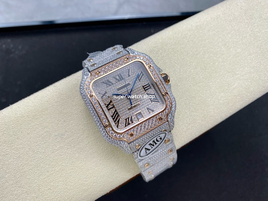 AMG Factory Cartier Full Diamond Santos 40mm Rose Gold Diamond Steel Rose Gold Roman Number Diamond Dial - Image 4