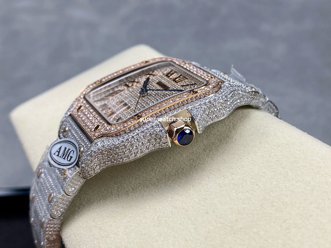 AMG Factory Cartier Full Diamond Santos 40mm Rose Gold Diamond Steel Rose Gold Roman Number Diamond Dial - Image 7