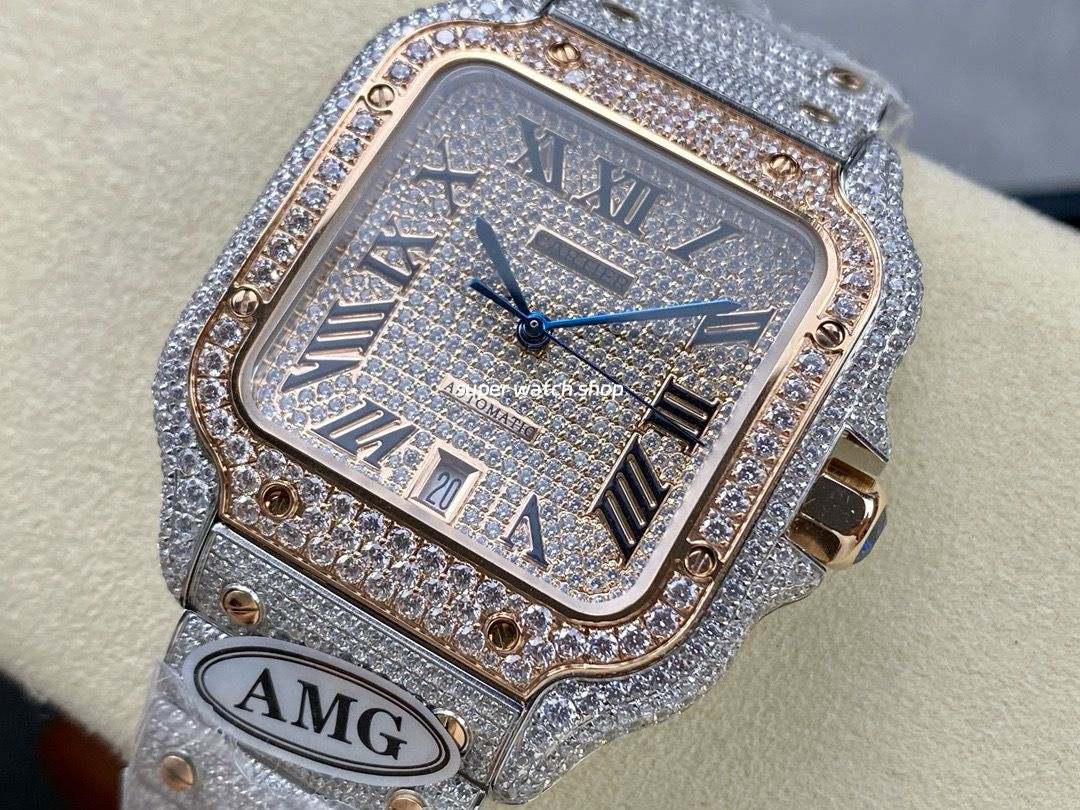 AMG Factory Cartier Full Diamond Santos 40mm Rose Gold Diamond Steel Rose Gold Roman Number Diamond Dial - Image 3