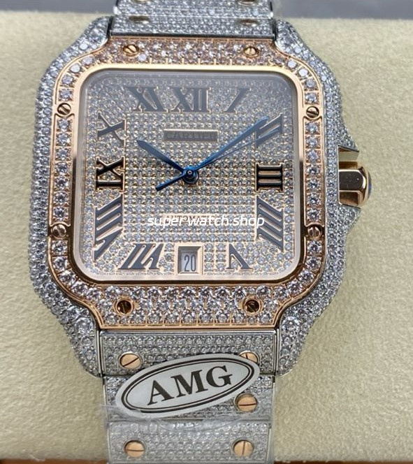 AMG Factory Cartier Full Diamond Santos 40mm Rose Gold Diamond Steel Rose Gold Roman Number Diamond Dial