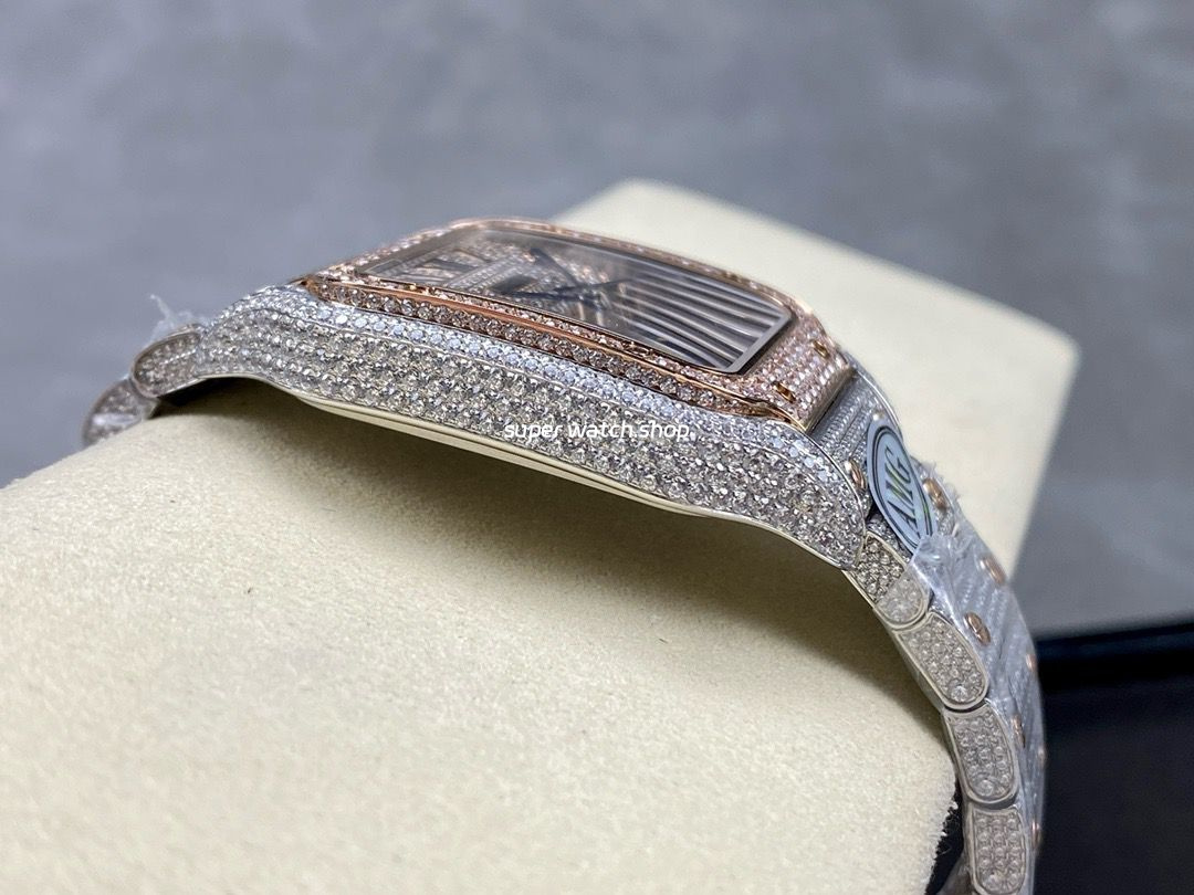 AMG Factory Cartier Full Diamond Santos 40mm Rose Gold Diamond Steel Rose Gold Roman Number Diamond Dial - Image 6