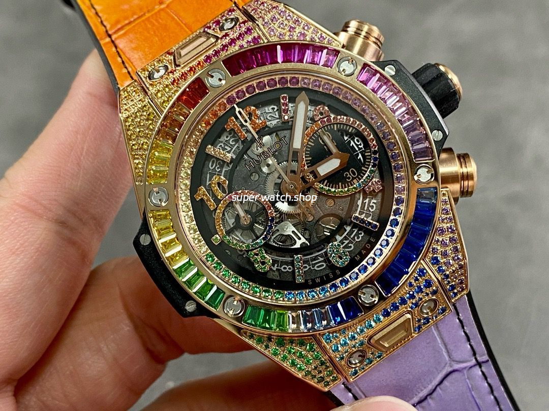 BBF Factory Hublot King Gold Rainbow Big Bang Unico 441.ox.9910.LR.0999 45mm Rose Gold/Diamond Leather Strap Skeletonized Arabic Numerals Dial - Image 2