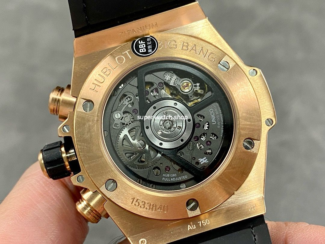 BBF Factory Hublot King Gold Rainbow Big Bang Unico 441.ox.9910.LR.0999 45mm Rose Gold/Diamond Leather Strap Skeletonized Arabic Numerals Dial - Image 7