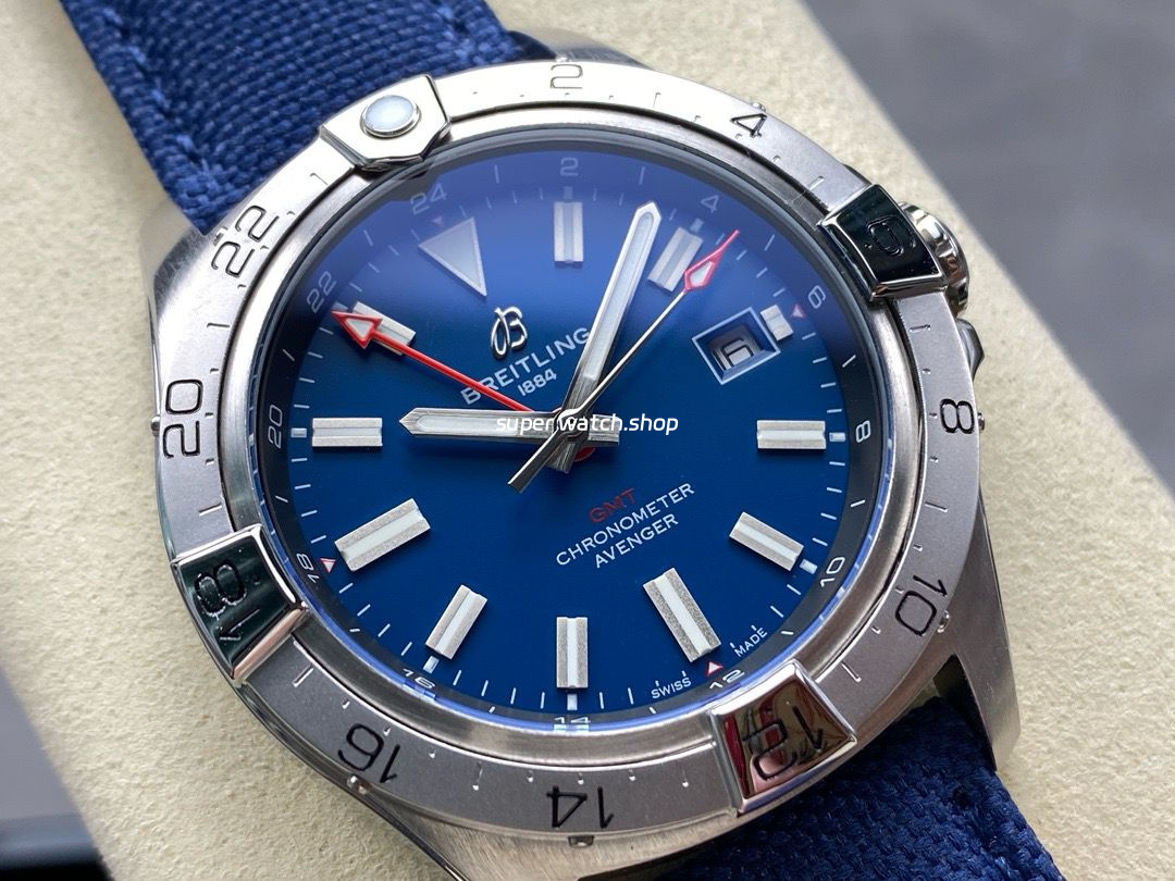 BLS Factory Breitling Avenger A32320101C1X1 44mm Steel Calf Skin Strap Red GMT Needle Blue Dial - Image 2