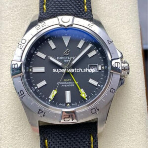 BLS Factory Breitling Avenger A323201A1B1X1 44mm Steel Calf Skin Strap Yellow GMT Needle Black Dial