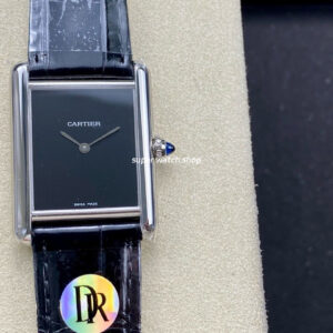 DR Factory Cartier Tank Louis Cartier WSTA0071 22mm Steel Black Leather Strap Black Dial