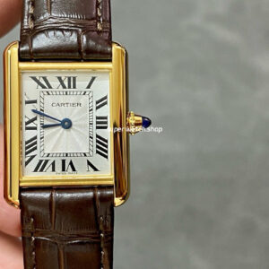 F1 Factory Cartier Tank Louis Cartier W1529856 22mm Yellow Gold Brown Leather Strap Roman Numerals Silver Dial