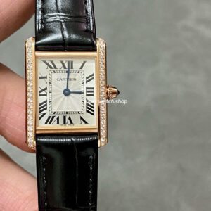 F1 Factory Cartier Tank Louis Cartier WJTA0010 22mm Diamond Bezel Rose Gold Leather Strap Roman Numerals Silver Dial
