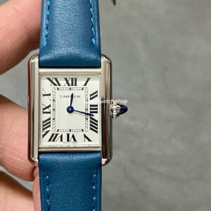 F1 Factory Cartier Tank Louis Cartier WSTA0042 22mm Steel Blue Leather Strap Roman Numerals Silver Dial