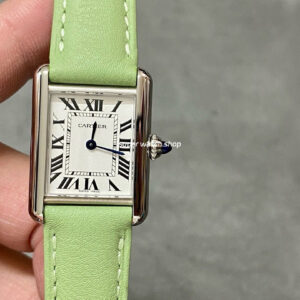 F1 Factory Cartier Tank Louis Cartier WSTA0042 22mm Steel Green Leather Strap Roman Numerals Silver Dial