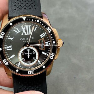 F5 Factory Cartier Calibre de Cartier Diver W7100052 42mm Rose Gold Rubber Strap Roman Numerals Black Dial