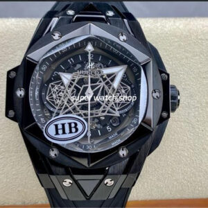 HB Factory Hublot Big Bang Sang Bleu 418.CX.1107.RX.MXM22 45mm Ceramic Black Rubber Strap White Needle Skeletonized Black Dial